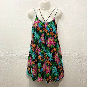 NWT Island Beach Spaghetti Strap Resort Mini Dress Beach Hawaiian Floral Black S